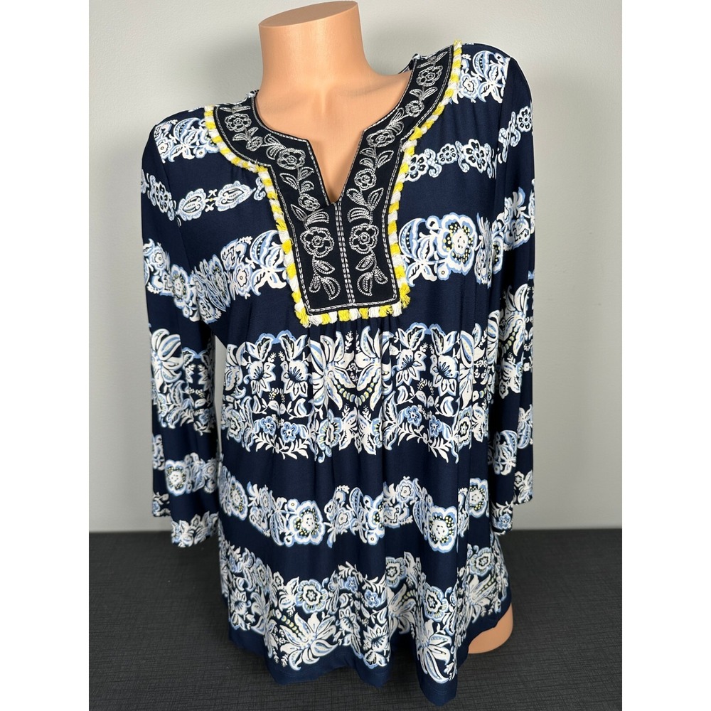 Ruby Rd. Petite Large PL Top Womens Tunic‎ Boho Embroidered Floral Blue White